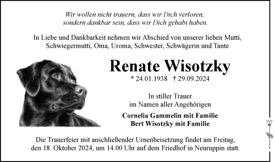 Traueranzeige von Renate Wisotzky von Märkische Oderzeitung