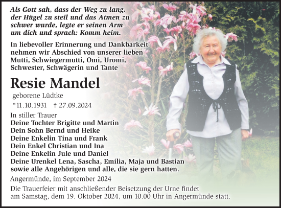 Traueranzeige von Resie Mandel von Märkische Oderzeitung