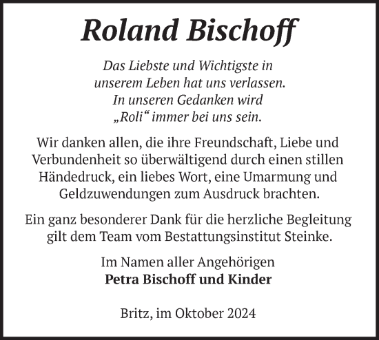 Traueranzeige von Roland Bischoff von Märkische Oderzeitung