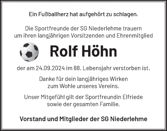 Traueranzeige von Rolf Höhn von Märkische Oderzeitung