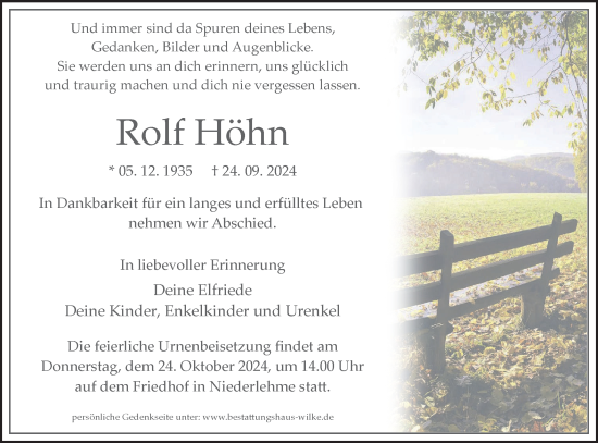 Traueranzeige von Rolf Höhn von Märkische Oderzeitung