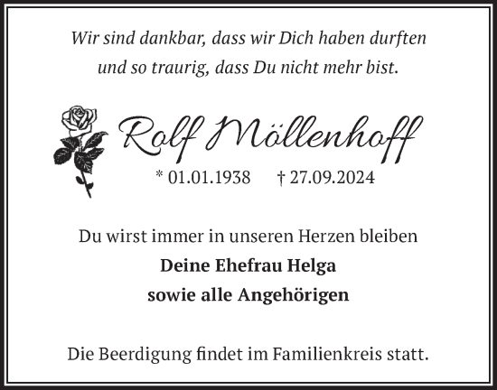 Traueranzeige von Rolf Möllenhoff von Märkische Oderzeitung