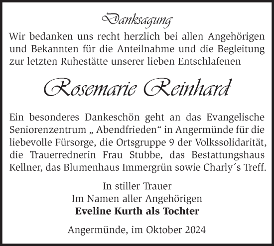 Traueranzeige von Rosemarie Reinhard von Märkische Oderzeitung