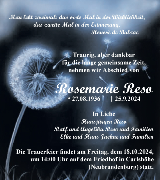 Traueranzeige von Rosemarie Reso von Märkische Oderzeitung