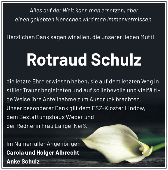 Traueranzeige von Rotraud Schulz von Märkische Oderzeitung