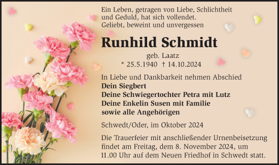 Traueranzeige von Runhild Schmidt von Märkische Oderzeitung