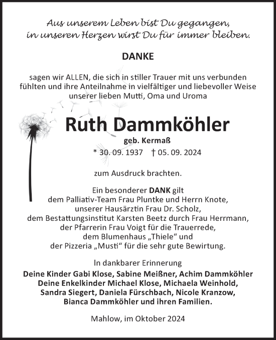 Traueranzeige von Ruth Dammköhler von Märkische Oderzeitung