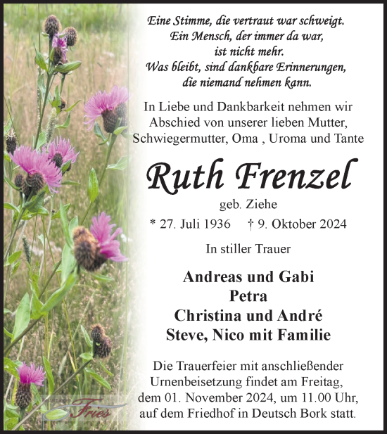 Traueranzeige von Ruth Frenzel von Märkische Oderzeitung