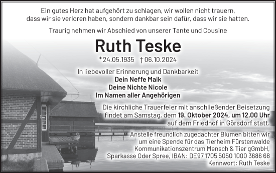 Traueranzeige von Ruth Teske von Märkische Oderzeitung