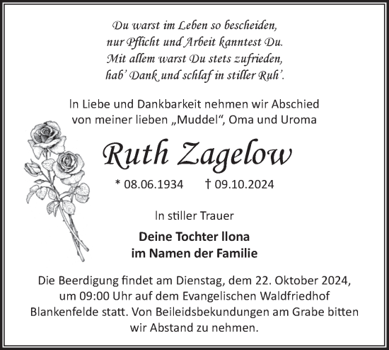 Traueranzeige von Ruth Zagelow von Märkische Oderzeitung