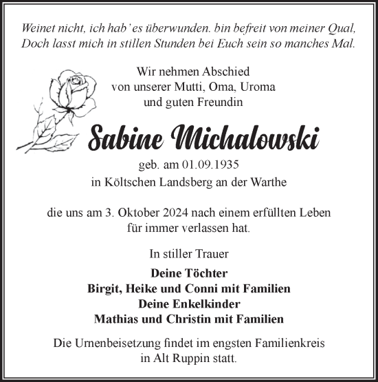 Traueranzeige von Sabine Michalowski von Märkische Oderzeitung