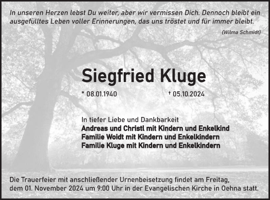 Traueranzeige von Siefried Kluge von Märkische Oderzeitung