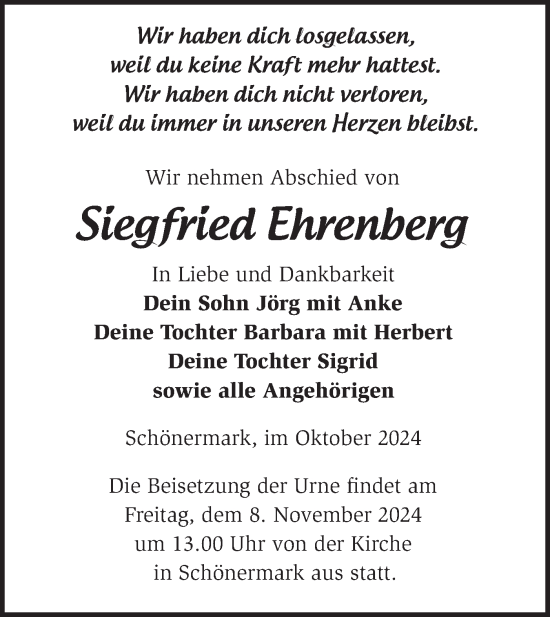 Traueranzeige von Siegfried Ehrenberg von Märkische Oderzeitung