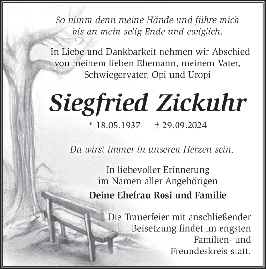 Traueranzeige von Siegfried Zickuhr von Märkische Oderzeitung