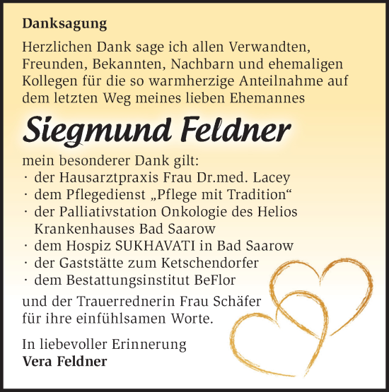 Traueranzeige von Siegmund Feldner von Märkische Oderzeitung