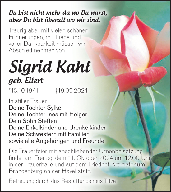 Traueranzeige von Sigrid Kahl von Märkische Oderzeitung