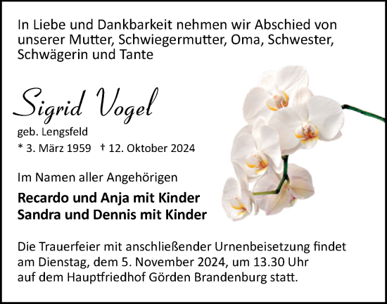 Traueranzeige von Sigrid Vogel von Märkische Oderzeitung