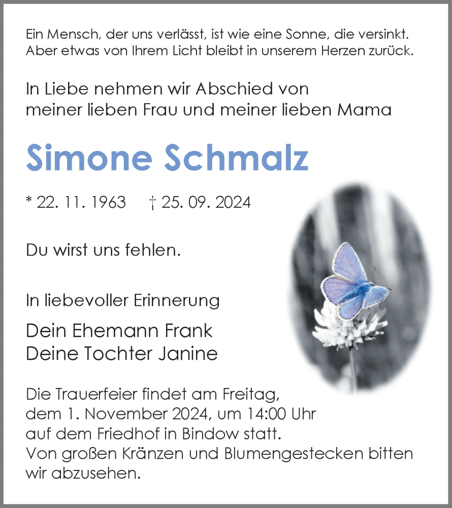  Traueranzeige für Simone Schmalz vom 12.10.2024 aus Märkische Oderzeitung