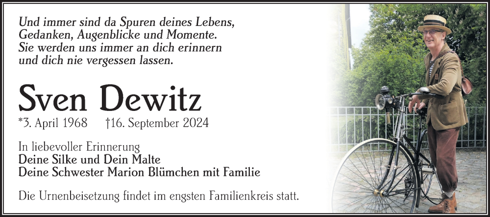  Traueranzeige für Sven Dewitz vom 05.10.2024 aus Märkische Oderzeitung