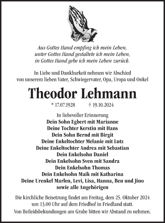 Traueranzeige von Theodor Lehmann von Märkische Oderzeitung