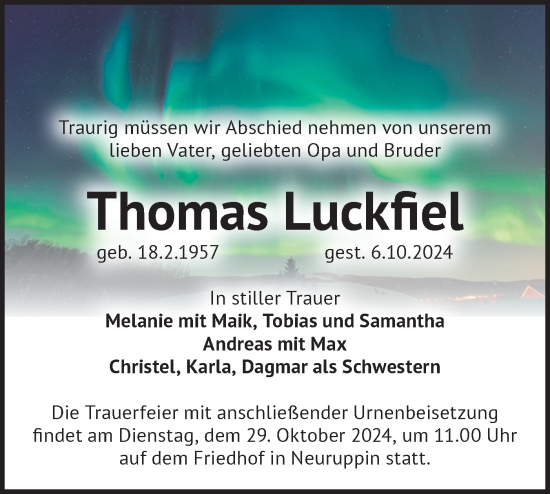 Traueranzeige von Thomas Luckfiel von Märkische Oderzeitung