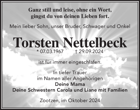 Traueranzeige von Torsten Nettelbeck von Märkische Oderzeitung