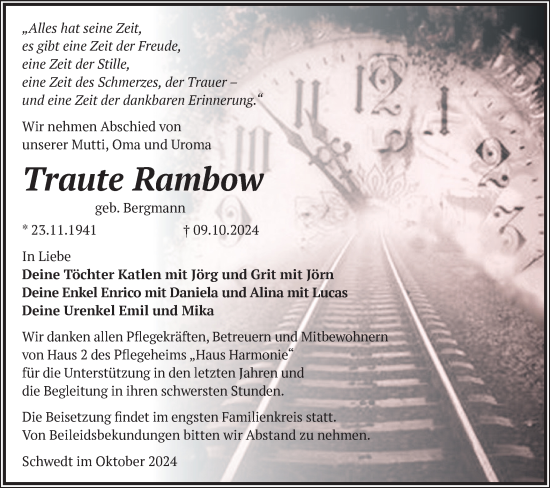 Traueranzeige von Traute Rambow von Märkische Oderzeitung