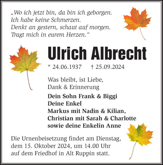 Traueranzeige von Ulrich Albrecht von Märkische Oderzeitung