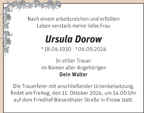 Traueranzeige von Ursula Dorow von Märkische Oderzeitung