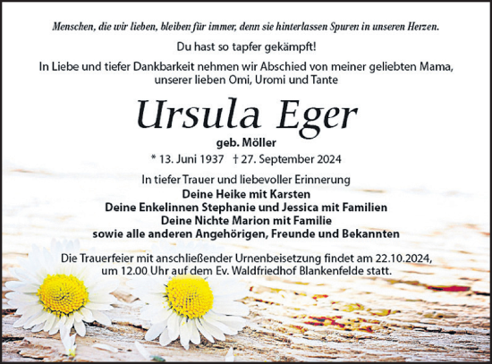 Traueranzeige von Ursula Eger von Märkische Oderzeitung