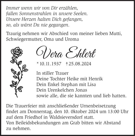 Traueranzeige von Vera Ehlert von Märkische Oderzeitung