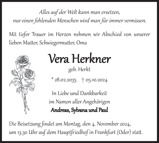 Traueranzeige von Vera Herkner von Märkische Oderzeitung