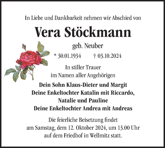 Traueranzeige von Vera Stöckmann von Märkische Oderzeitung