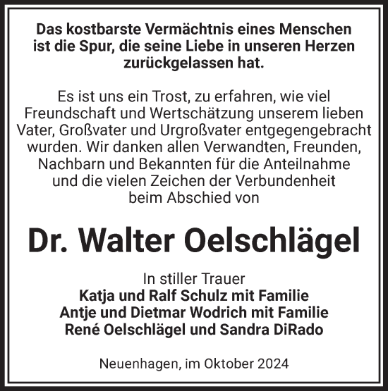 Traueranzeige von Walter Oelschlägel von Märkische Oderzeitung