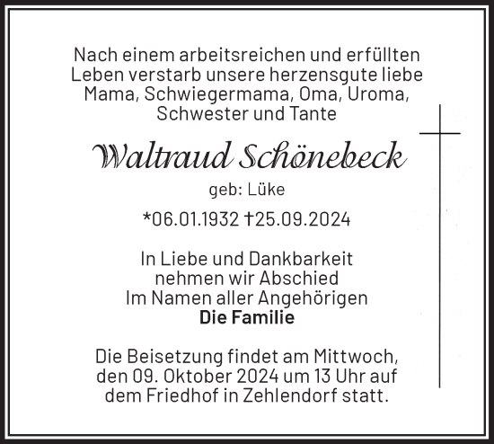 Traueranzeige von Waltraud Schönebeck von Märkische Oderzeitung