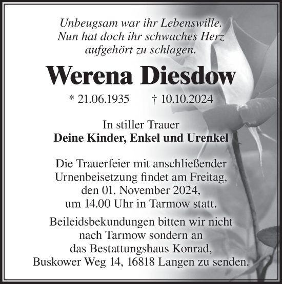 Traueranzeige von Wereana Diesdow von Märkische Oderzeitung