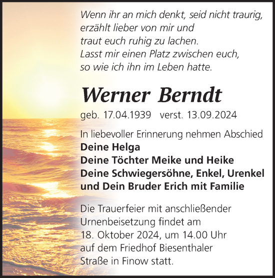 Traueranzeige von Werner Berndt von Märkische Oderzeitung