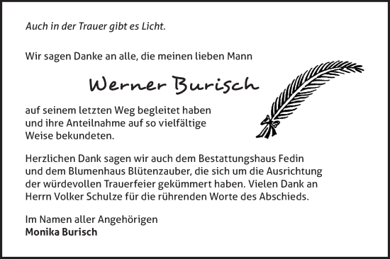 Traueranzeige von Werner Burisch von Märkische Oderzeitung