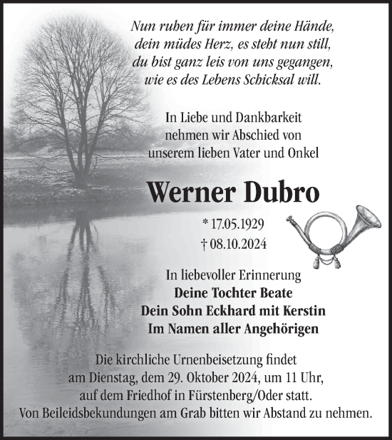 Traueranzeige von Werner Dubro von Märkische Oderzeitung