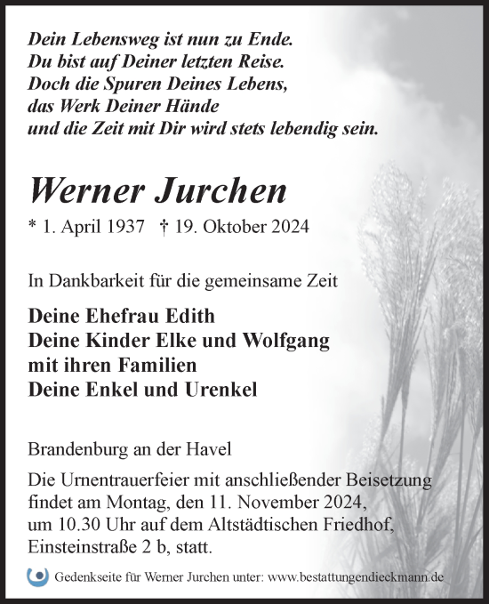 Traueranzeige von Werner Jurchen von Märkische Oderzeitung