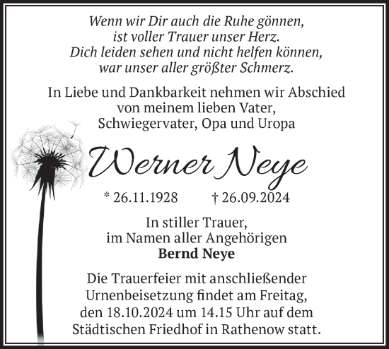 Traueranzeige von Werner Neye von Märkische Oderzeitung