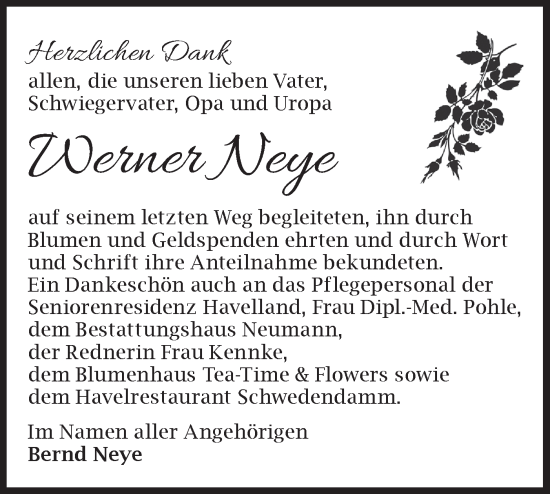 Traueranzeige von Werner Neye von Märkische Oderzeitung