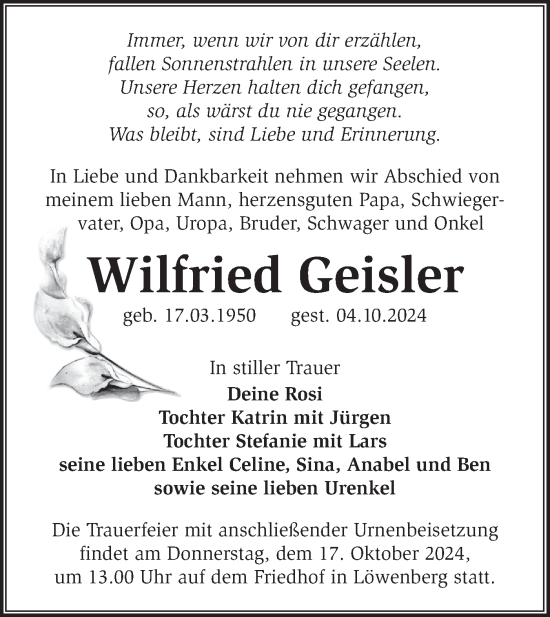 Traueranzeige von Wilfried Geisler von Märkische Oderzeitung