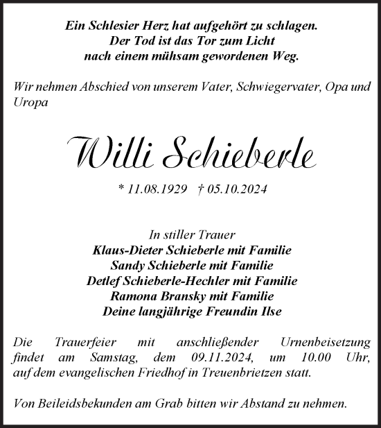 Traueranzeige von Willi Schieberle von Märkische Oderzeitung