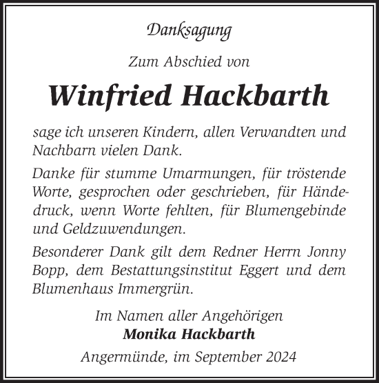 Traueranzeige von Winfried Hackbarth von Märkische Oderzeitung