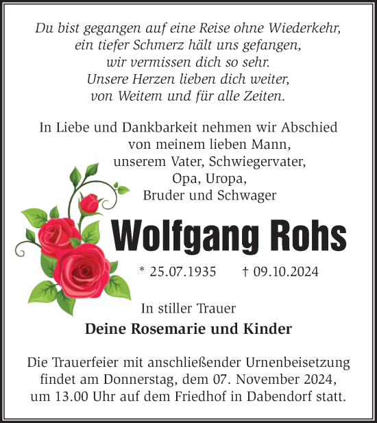 Traueranzeige von Wolfgang Rohs von Märkische Oderzeitung