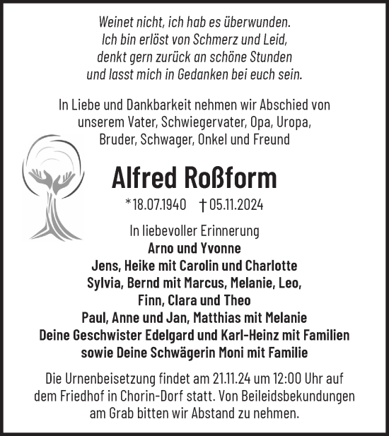 Traueranzeige von Alfred Roßform von Märkische Oderzeitung