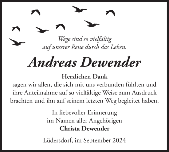 Traueranzeige von Andreas Dewender von Märkische Oderzeitung