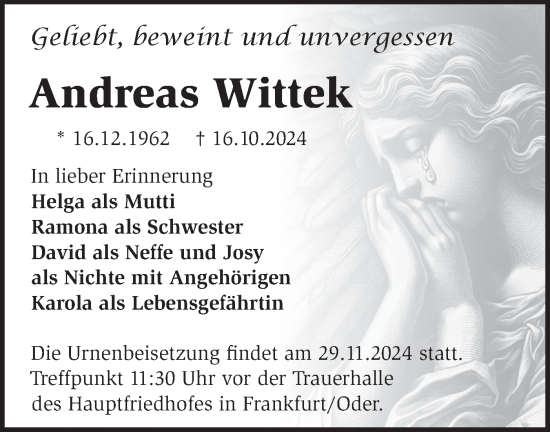 Traueranzeige von Andreas Wittek von Märkische Oderzeitung