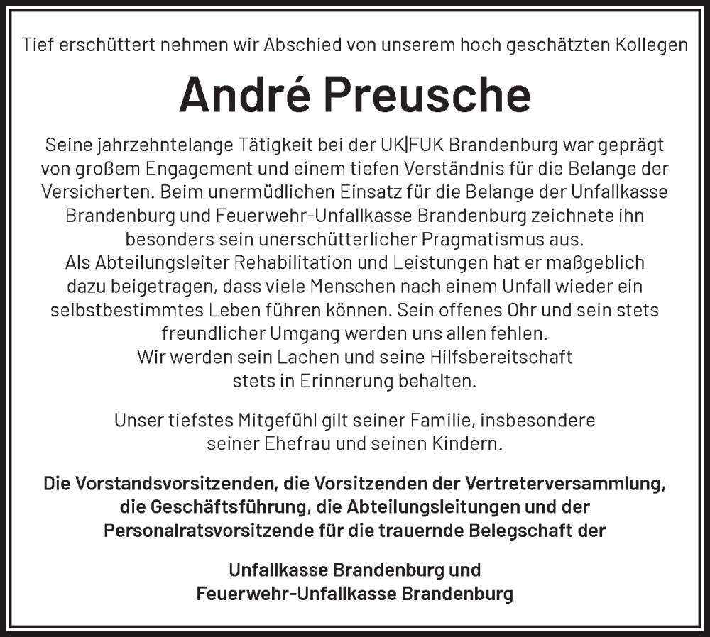  Traueranzeige für André Preusche vom 30.11.2024 aus Märkische Oderzeitung